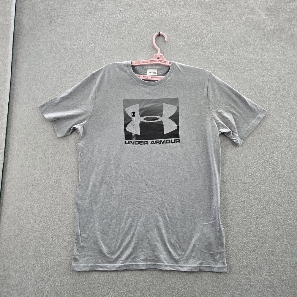 Under Armour Men Shirt L Gray Logo Text Activewear Short Sleeve Cotton